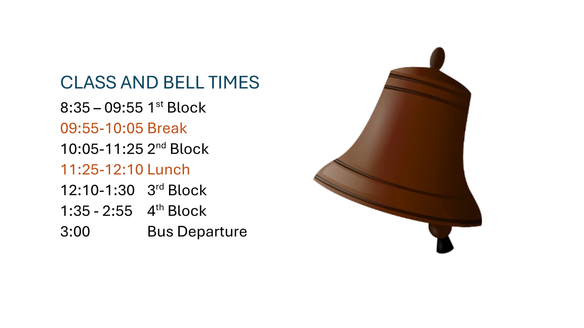 School schedule listed beside large brown school bell