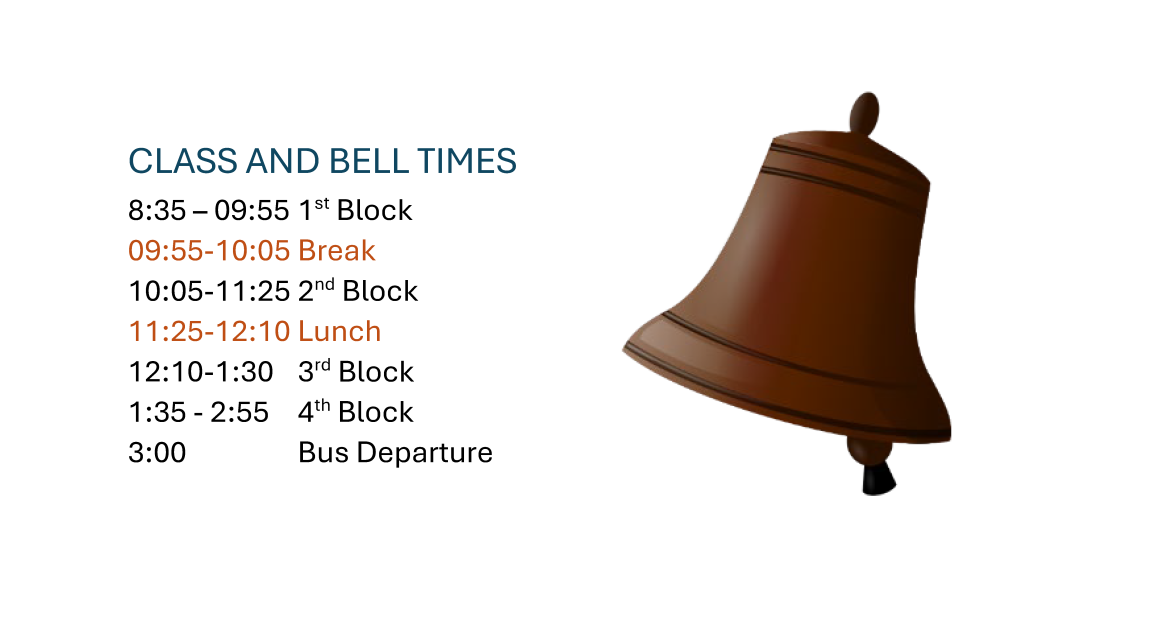 School schedule listed beside large brown school bell